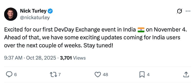 🤖 OpenAI 为印度用户提供一年免费 ChatGPT Go 服务OpenAI 宣布自11月4日起，在印度推出限时促销活动，新用户注册即可免费使用 ChatGPT Go 服务一年