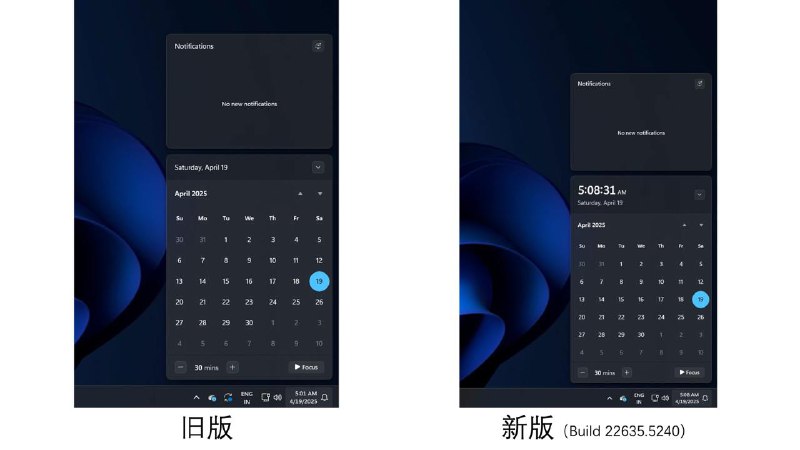 Windows 11重新引入任务栏日历时间显示功能微软在今年4月为Windows 10移除了任务栏日历弹窗中的时间信息，但这一功能将在Windows 11中回归