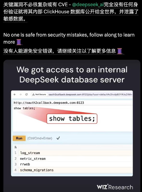 Wiz Research 发现 DeepSeek 数据库泄露敏感信息，包括聊天记录