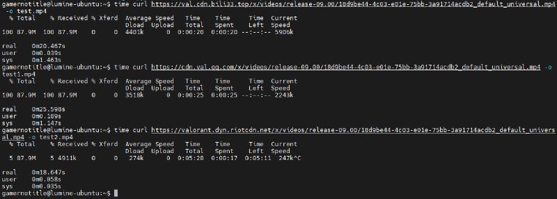 #Valora 实际上腾讯的服务器好像还没有我的CDN快（第一个是我的CDN，第二个是腾讯，第三个拳头服务器太慢了没跑完就中断了）