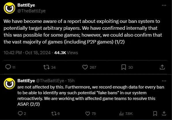 BE反作弊爆出惊天漏洞：作弊者可通过反作弊系统封禁正常玩家BattleEyes是一款第三方反作弊软件，被应用在许多的多人在线网络游戏当中，由于标志是一个黄色背景的眼睛，也被称之为“小黄眼”，由巴斯蒂安·苏特（BastianSuter）于2004年10月成立