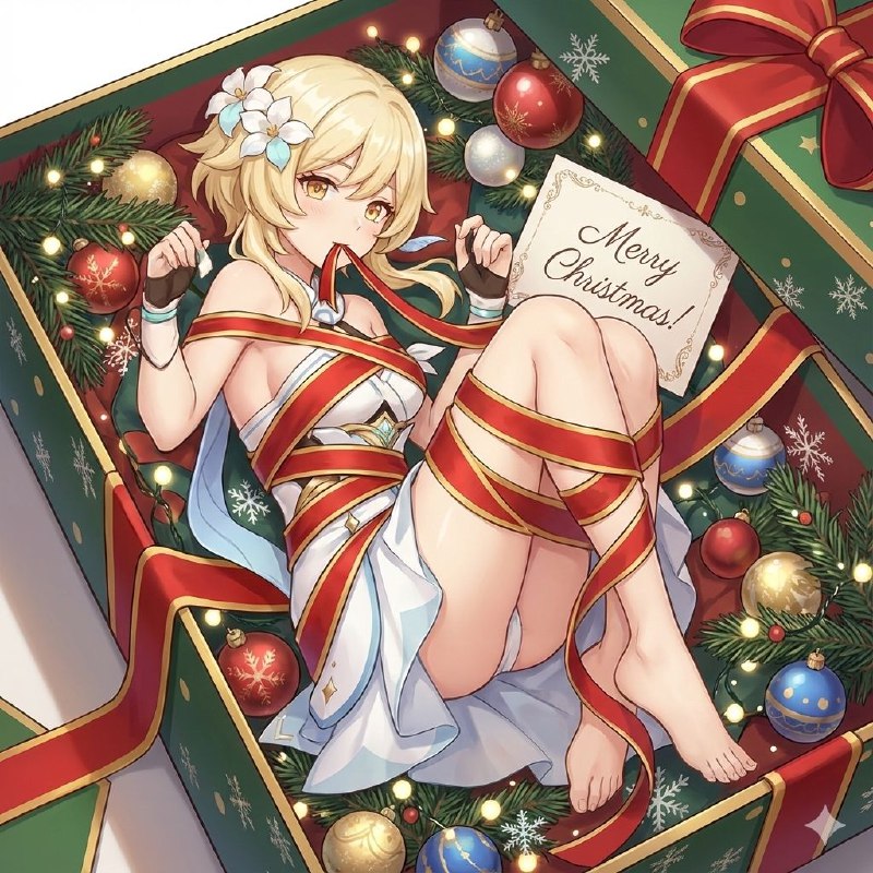 #日常 圣诞节快乐，虽然大陆不过圣诞节图片是 Nano Banana Pro 生成的，提示词在下面让图1人物躺下来，被包裹在圣诞礼盒里