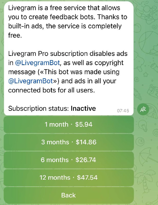请谨慎选择 @LivegramBot 作为你的私聊转发机器人因为它正在使用你的私聊机器人主动向他人发送虚拟货币交易广告